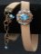 Bracelet Cuir naturel,  bijou Swarovski turquoise