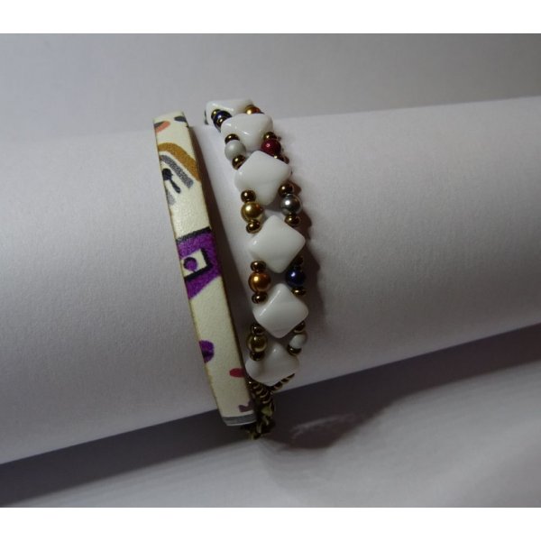 Kit bracelet cuir 2 tours perles Silky Blanc