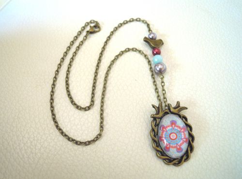 Halsketting hanger cabochon Vogels Blauw mauve