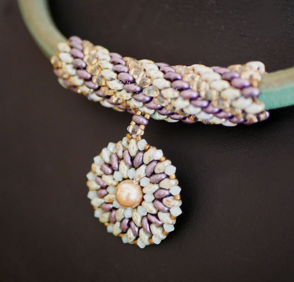 Ketting leer hanger Regaliz kralen Paars/groen