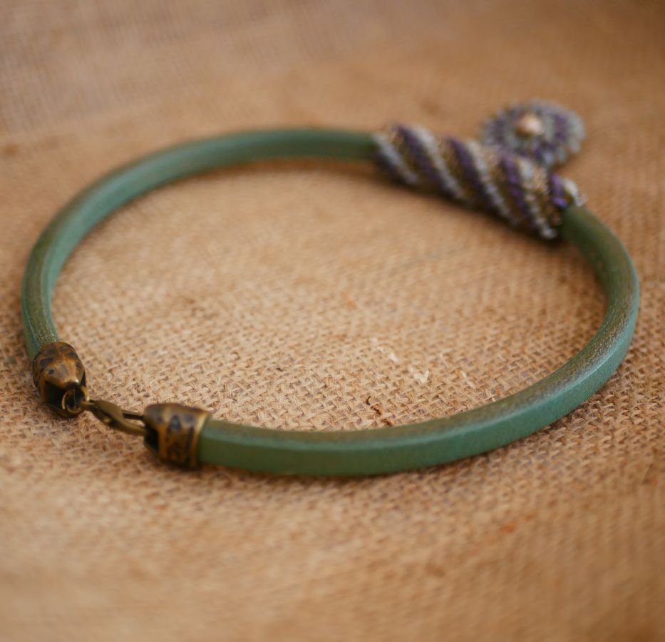 Ketting leer hanger Regaliz kralen Paars/groen