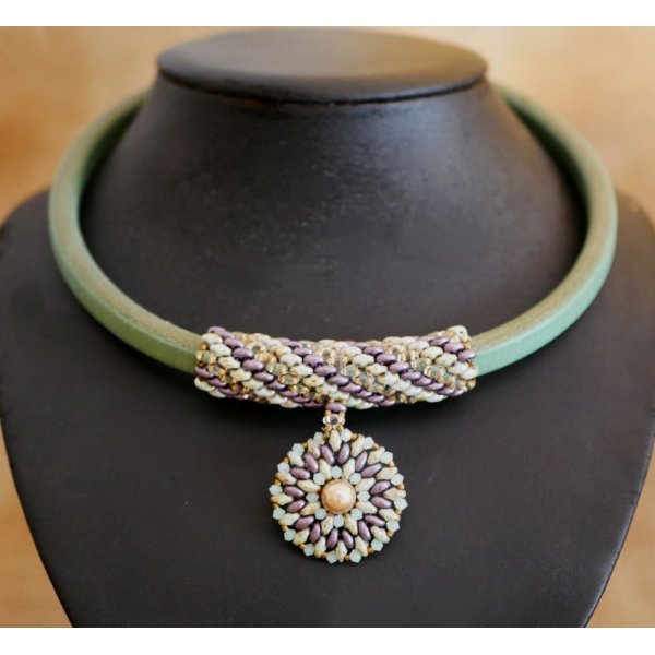 Ketting leer hanger Regaliz kralen Paars/groen