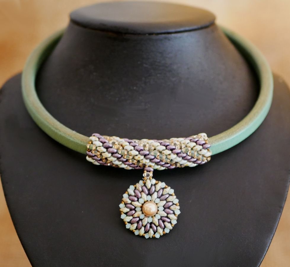 Ketting leer hanger Regaliz kralen Paars/groen