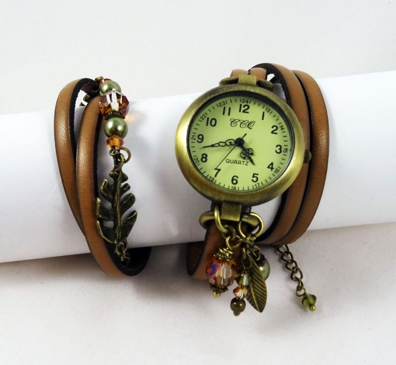 Bracelet cuir 3 tours Feuilles et cristal cuivre