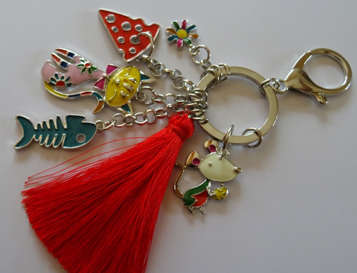Sleutelhanger kat &amp; muis met rode pompon