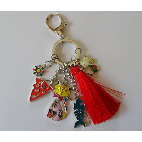 Sleutelhanger kat &amp; muis met rode pompon