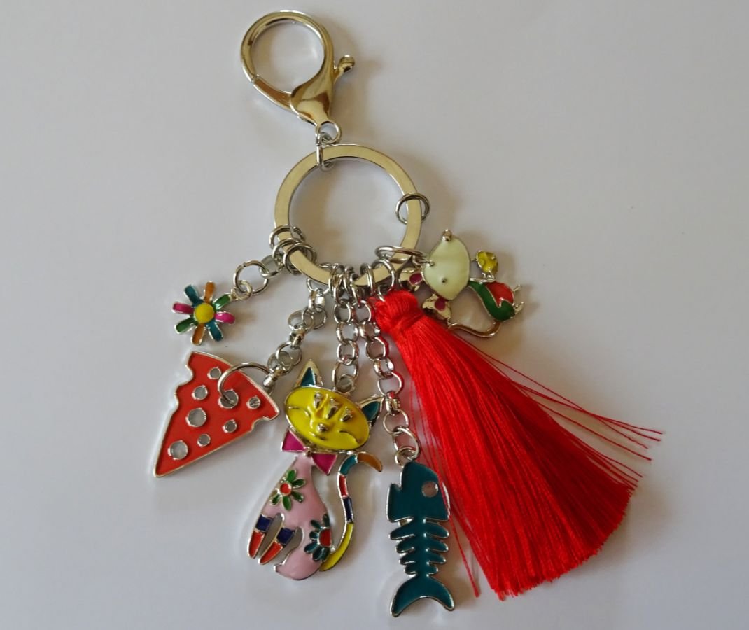 Sleutelhanger kat &amp; muis met rode pompon