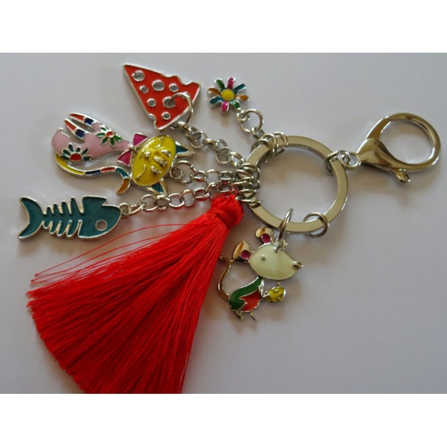 Sleutelhanger kat &amp; muis met rode pompon