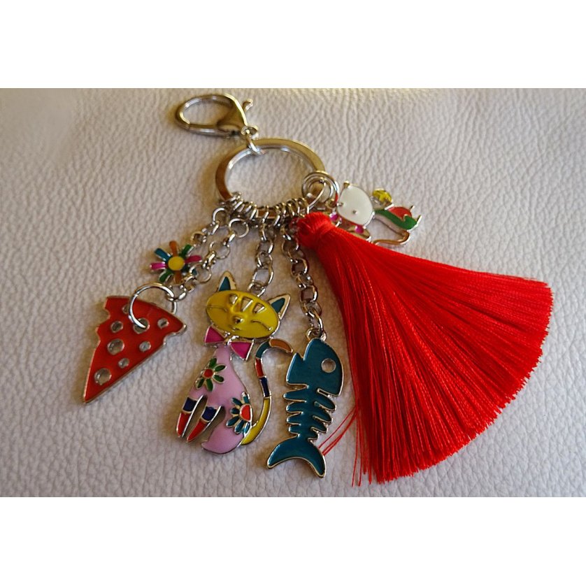 Sleutelhanger kat &amp; muis met rode pompon