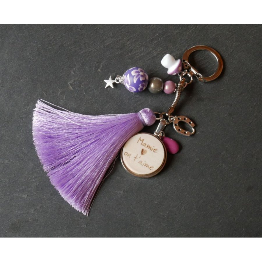 Houten cabochon sleutelhanger met parma kwastje