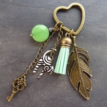 Zwart-witte kattensleutelhanger met groene pompon