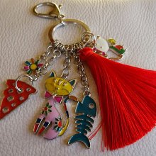 Sleutelhanger kat &amp; muis met rode pompon